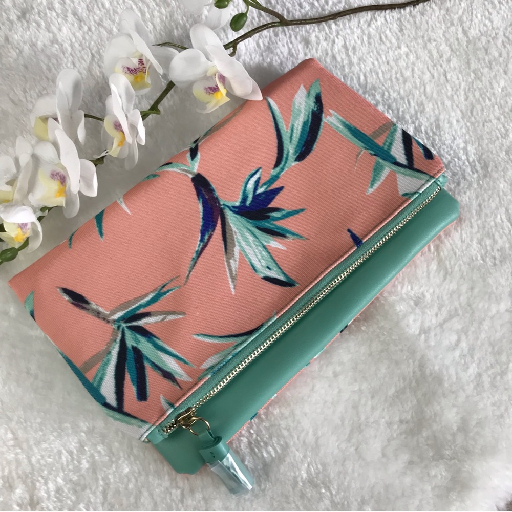 Rachel Pally Reversible Clutch Purse, Coral & Mint Green Leaf Design, Like New